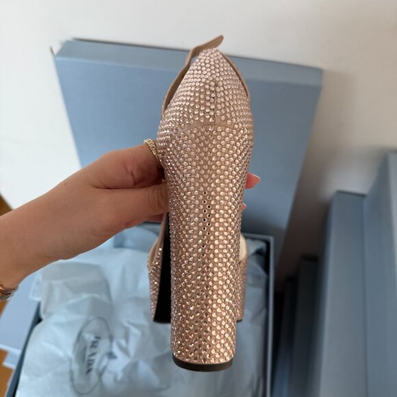 Prada Pink Embellished Platform Heels Logo Satin Crystal Sandals Open Toe - Picture 8 of 10